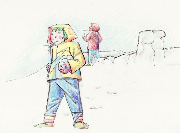 sketch:colored pencil drawing of kids getting ready for a snowball fight